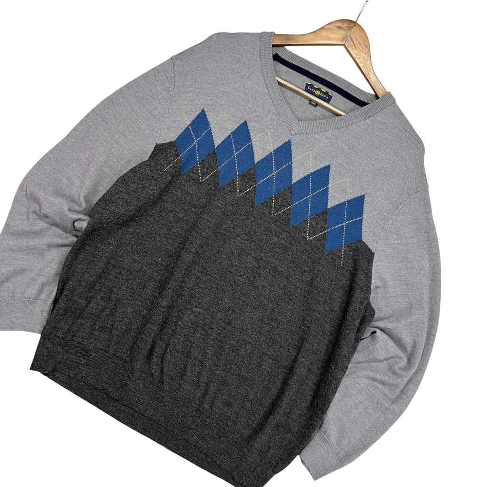Club Room Mens Argyle V-Neck Sweater Gray Merino Wool Blend XXL Color Block